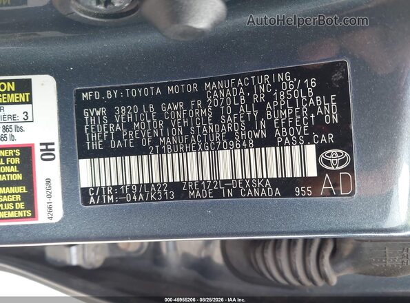 2T1BURHEXGC709648 2016 TOYOTA COROLLA Dark Blue Вид подкапотного пространства