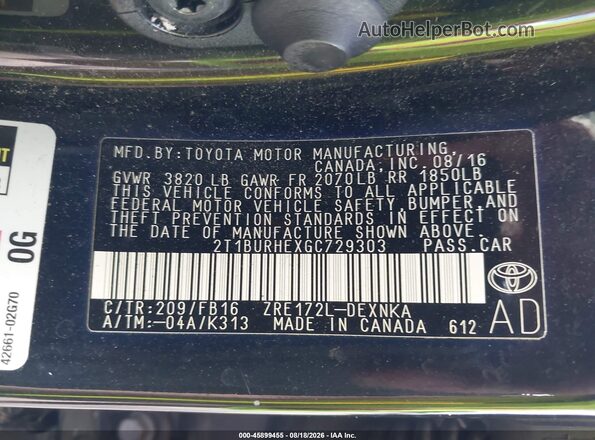 2T1BURHEXGC729303 2016 TOYOTA COROLLA Black Շարժիչի բաժամունքի տեսք