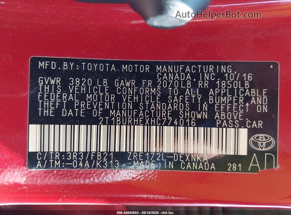 2T1BURHEXHC774016 2017 TOYOTA COROLLA Красный Вид подкапотного пространства