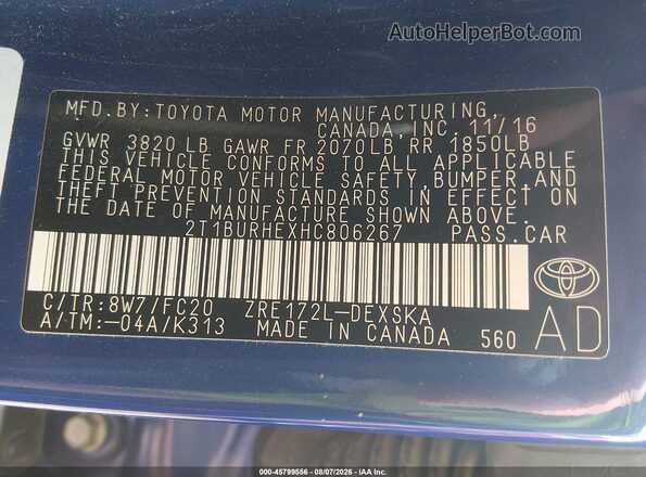 2T1BURHEXHC806267 2017 TOYOTA COROLLA Blue Вид підкапотного простору