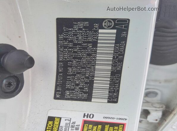 2T1BURHEXHC838118 2017 TOYOTA COROLLA White Շարժիչի բաժամունքի տեսք