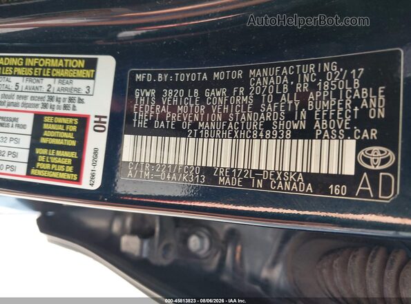 2T1BURHEXHC848938 2017 TOYOTA COROLLA Black Շարժիչի բաժամունքի տեսք