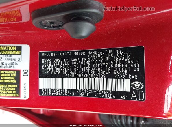 2T1BURHEXHC862192 2017 TOYOTA COROLLA Красный Вид подкапотного пространства