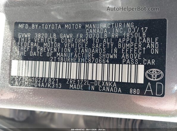 2T1BURHEXHC870664 2017 TOYOTA COROLLA Gray ძრავის განყოფილების ხედი