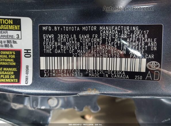 2T1BURHEXHC961126 2017 TOYOTA COROLLA Black Շարժիչի բաժամունքի տեսք