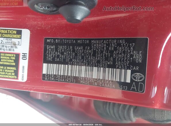 2T1BURHEXJC013850 2018 TOYOTA COROLLA Red Widok komory silnika