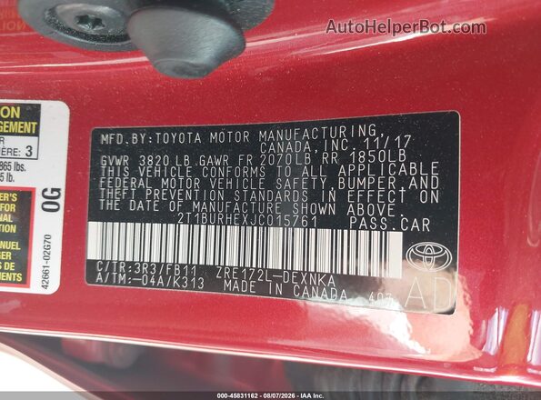 2T1BURHEXJC015761 2018 TOYOTA COROLLA Red Vista del compartimento del motor