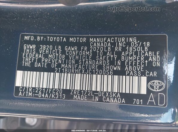 2T1BURHEXJC120056 2018 TOYOTA COROLLA Blue Widok komory silnika