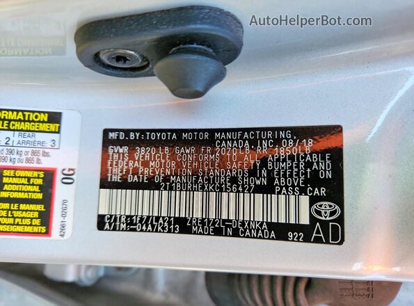2T1BURHEXKC156427 2019 TOYOTA COROLLA Silver VIN կոդի պիտակի տեսք