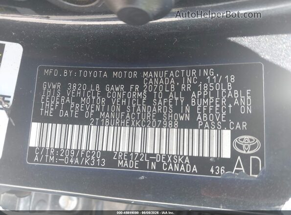 2T1BURHEXKC207988 2019 TOYOTA COROLLA Black Engine compartment view