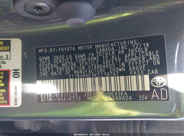 2T1BURHEXKC219767 2019 TOYOTA COROLLA Серый Вид подкапотного пространства