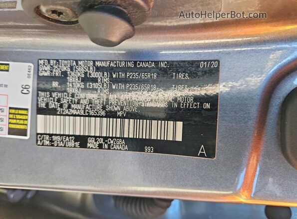 2T2AZMAA9LC165396 2020 LEXUS RX Gray Вид наклейки з VIN-кодом