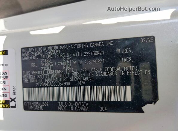 2T2BAMBA0SC057919 2025 LEXUS RX White VIN კოდის სტიკერის ხედი