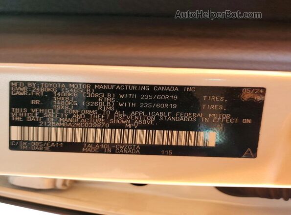 2T2BAMBA2RC039870 2024 LEXUS RX White VIN კოდის სტიკერის ხედი