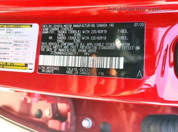 2T2BAMBA4SC066171 2025 LEXUS RX Red Widok naklejki z numerem VIN