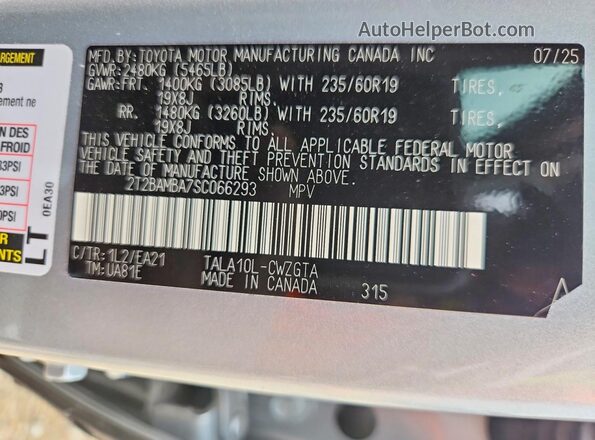 2T2BAMBA7SC066293 2025 LEXUS RX Silver Vista de la etiqueta del VIN