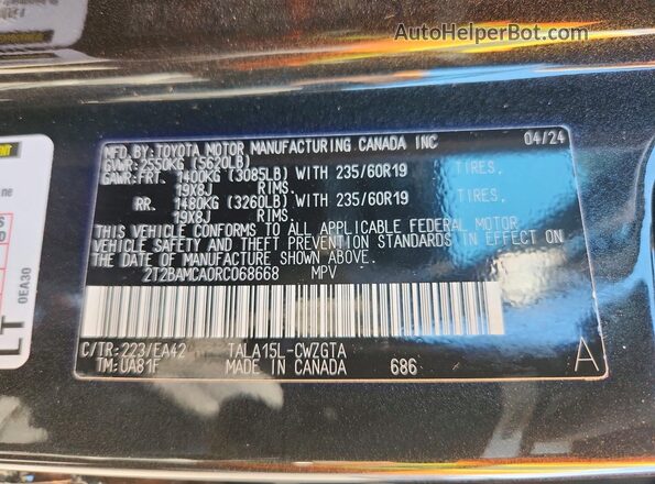 2T2BAMCA0RC068668 2024 LEXUS RX Black Vista de la etiqueta del VIN