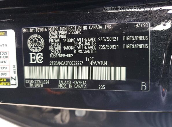 2T2BAMCA3PC032227 2023 LEXUS RX Black Vista de la etiqueta del VIN