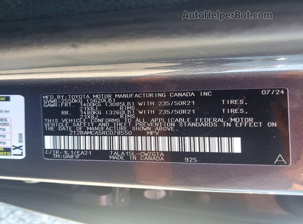 2T2BAMCA5RC078550 2024 LEXUS RX Gray Widok naklejki z numerem VIN