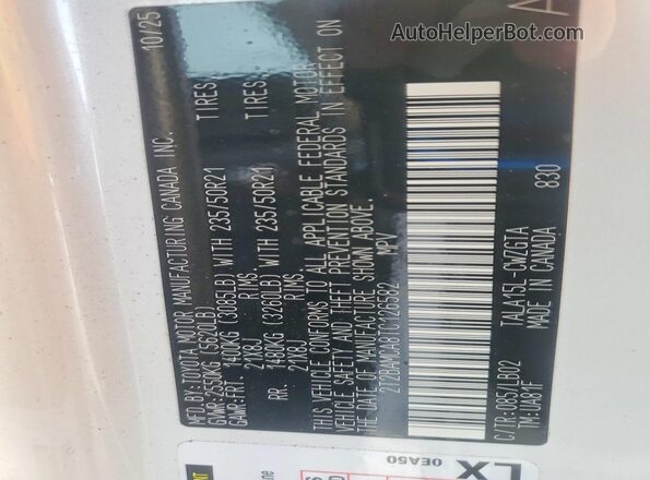2T2BAMCA8TC126582 2026 LEXUS RX White Вид наклейки з VIN-кодом