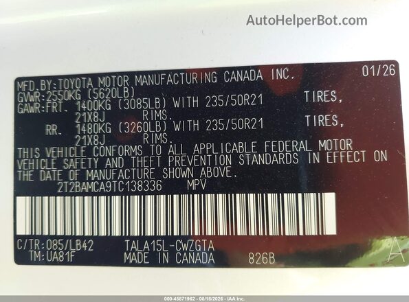2T2BAMCA9TC138336 2026 LEXUS RX 350 White Vista del compartimento del motor