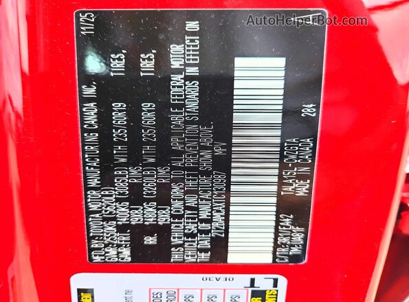 2T2BAMCAXTC130987 2026 LEXUS RX Red Widok naklejki z numerem VIN