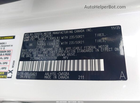 2T2BBMCA2TC111119 2026 LEXUS RX 350H White Vista del compartimento del motor
