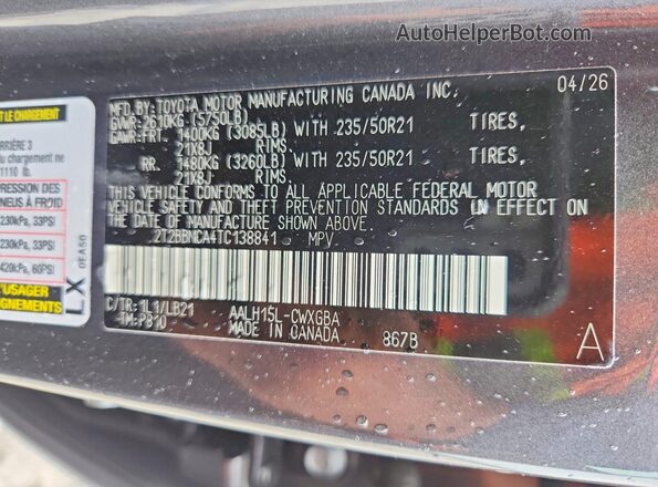 2T2BBMCA4TC138841 2026 LEXUS RX Gray VIN კოდის სტიკერის ხედი