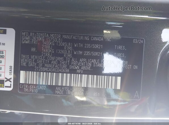 2T2BBMCA5RC040698 2024 LEXUS RX 350H Green VIN კოდის სტიკერის ხედი
