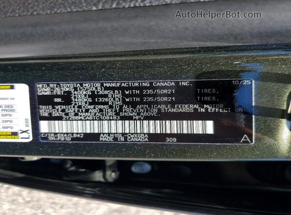 2T2BBMCA8TC108483 2026 LEXUS RX Green Vista de la etiqueta del VIN