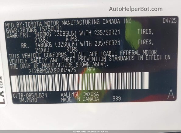 2T2BBMCAXSC087425 2025 LEXUS RX 350H White Вид підкапотного простору