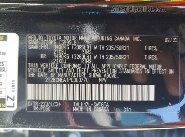 2T2BCMEA1PC003770 2023 LEXUS RX Black Vista interior de 360 grados