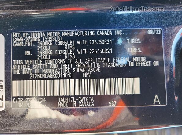 2T2BCMEA8RC011013 2024 LEXUS RX Black VIN sticker view