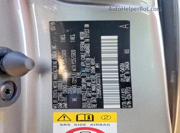 2T2BGMCA3KC037970 2019 LEXUS RX Silver VIN კოდის სტიკერის ხედი