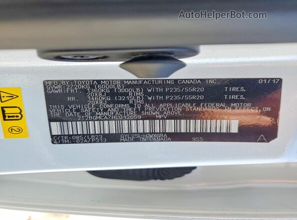 2T2BGMCA7HC012059 2017 LEXUS RX White VIN კოდის სტიკერის ხედი