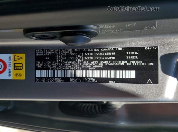 2T2BZMCA0HC092752 2017 LEXUS RX Gray Vista de la etiqueta del VIN