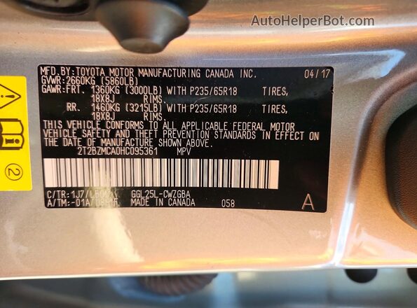 2T2BZMCA0HC095361 2017 LEXUS RX Silver Widok naklejki z numerem VIN