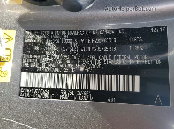 2T2BZMCA0HC135132 2017 LEXUS RX Gray VIN sticker view