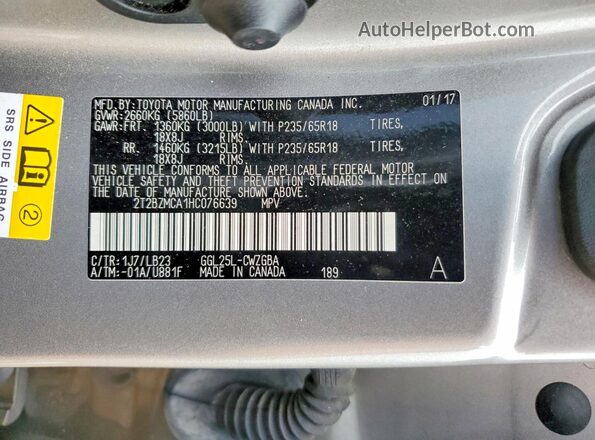 2T2BZMCA1HC076639 2017 LEXUS RX Желто-коричневый Вид наклейки с VIN-кодом