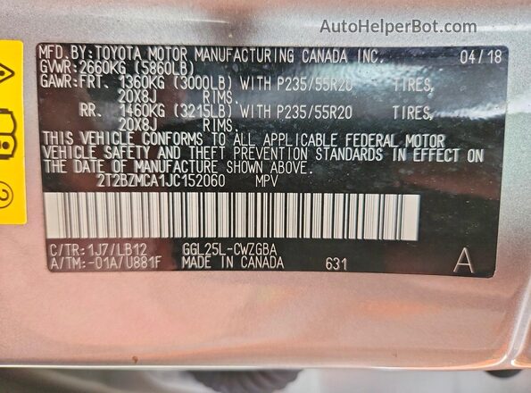2T2BZMCA1JC152060 2018 LEXUS RX Silver VIN sticker view