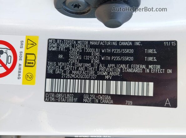 2T2BZMCA2GC007327 2016 LEXUS RX 350 White Vista del compartimento del motor