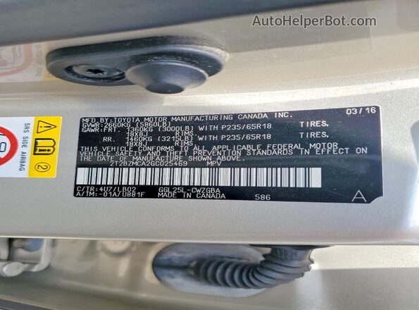 2T2BZMCA2GC025469 2016 LEXUS RX Beige Vista de la etiqueta del VIN
