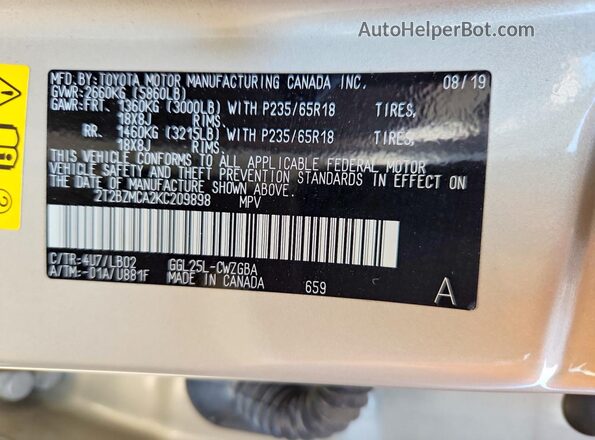 2T2BZMCA2KC209898 2019 LEXUS RX Beige VIN sticker view