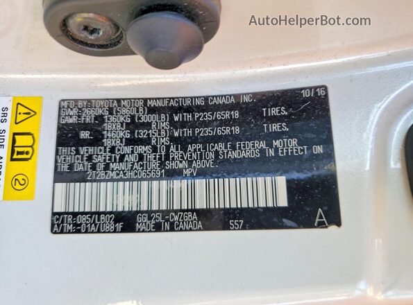 2T2BZMCA3HC065691 2017 LEXUS RX White VIN კოდის სტიკერის ხედი