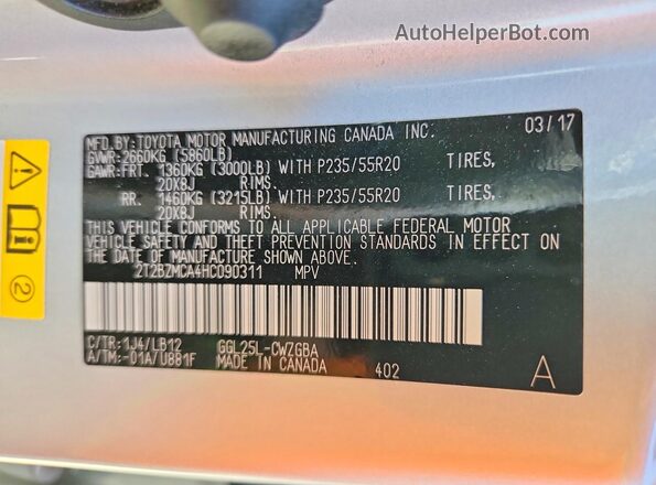 2T2BZMCA4HC090311 2017 LEXUS RX Silver VIN կոդի պիտակի տեսք