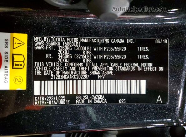 2T2BZMCA4KC202287 2019 LEXUS RX Black Vista interior de 360 grados
