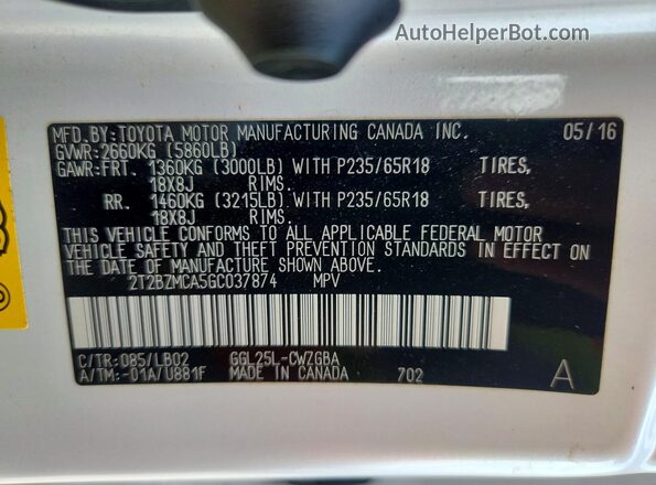 2T2BZMCA5GC037874 2016 LEXUS RX White Vista interior de 360 grados