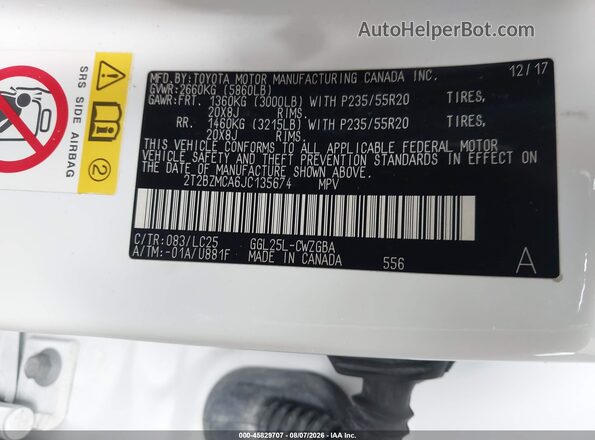 2T2BZMCA6JC135674 2018 LEXUS RX 350 White ძრავის განყოფილების ხედი