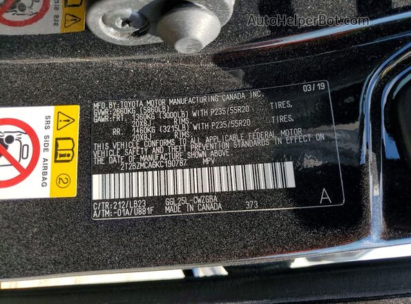 2T2BZMCA6KC190787 2019 LEXUS RX Black VIN կոդի պիտակի տեսք