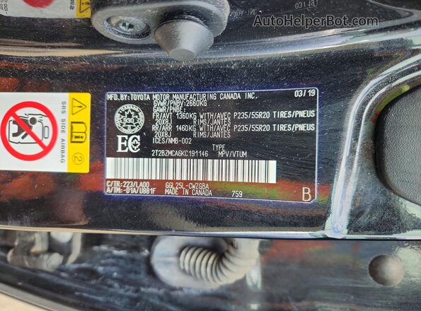 2T2BZMCA6KC191146 2019 LEXUS RX Black Панорамний вид салону 360°